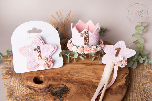 Pink birthday crown, Birthday set, birthday wand, birthday badge, 1st birthday crown, 2nd birthday crown, Cake smash crown,