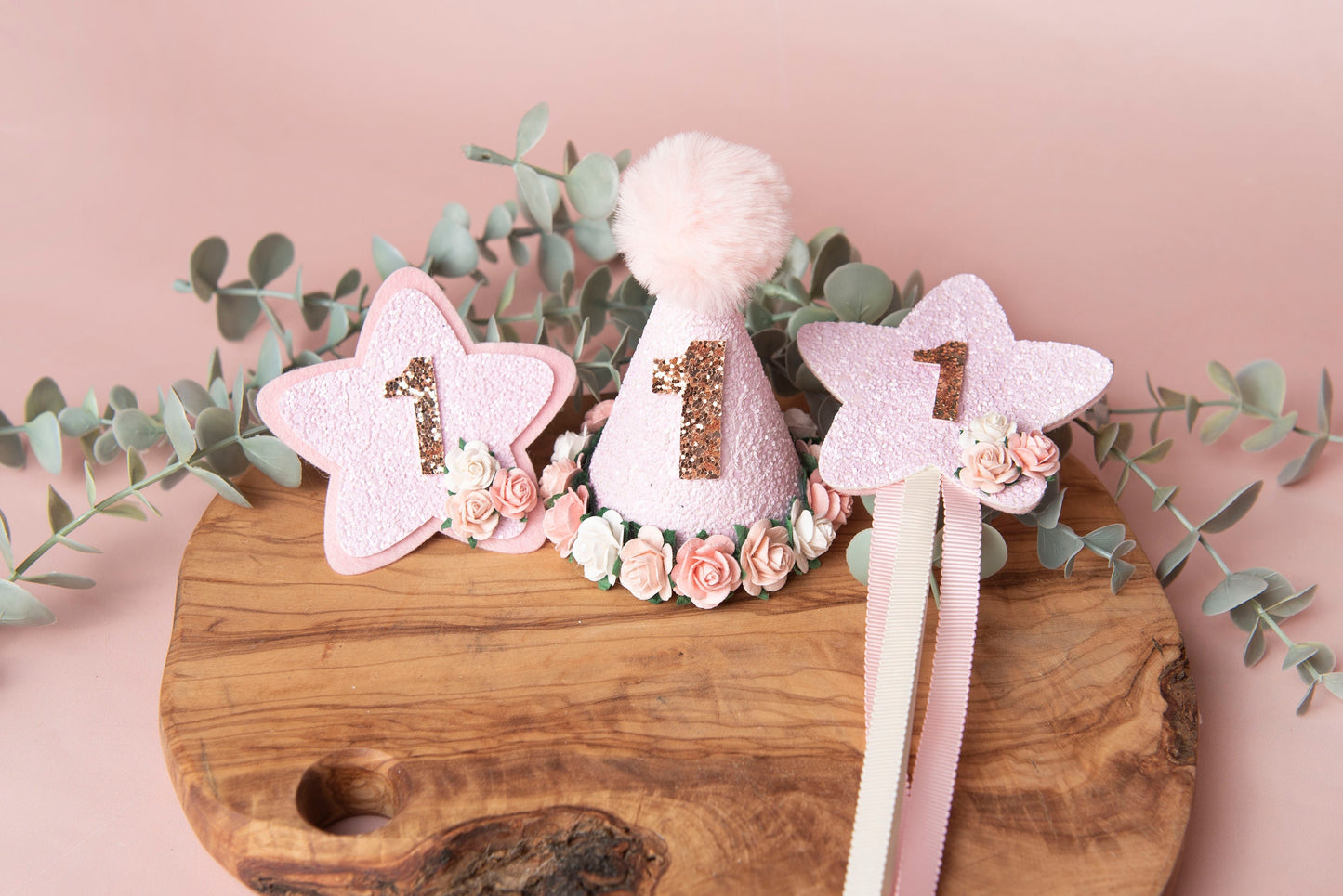 Pink birthday crown Birthday set, birthday wand, birthday badge, 1st birthday crown, 2nd birthday crown, Cake smash crown, party hat set