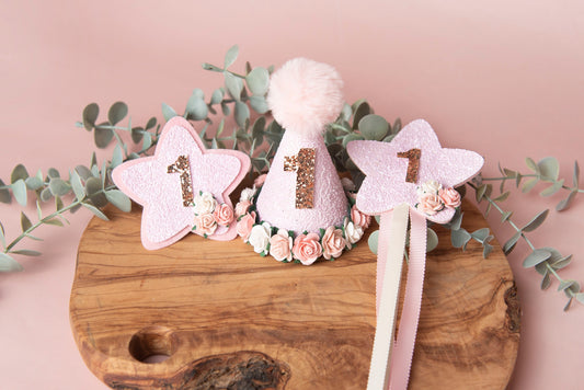 Pink birthday crown Birthday set, birthday wand, birthday badge, 1st birthday crown, 2nd birthday crown, Cake smash crown, party hat set